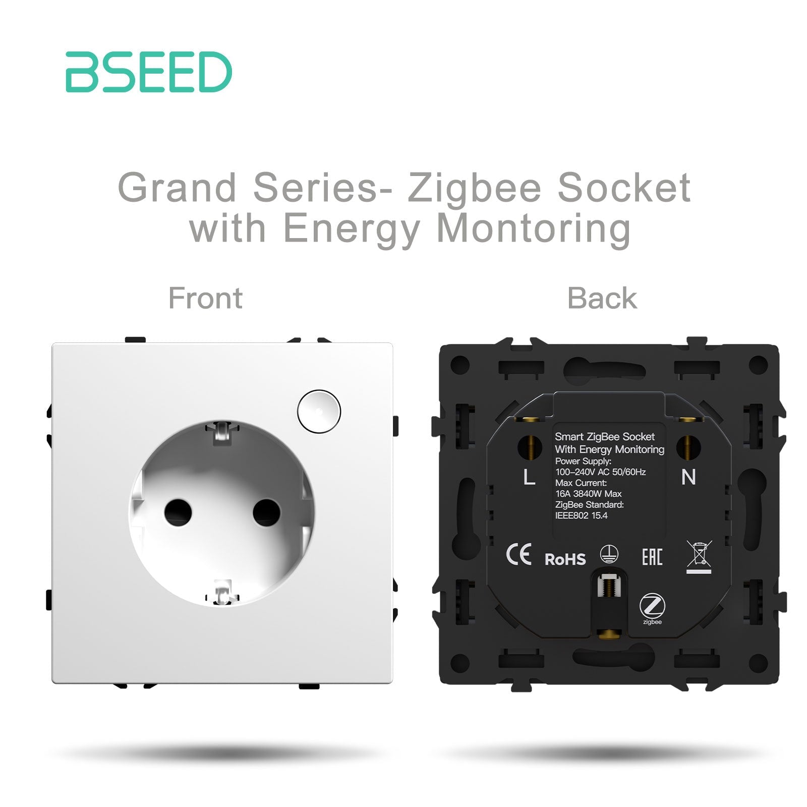 Grand Series DIY Part Customized free combinations Plastic Panels White Color Power Outlets & Sockets Bseedswitch Zigbee Eu socket with energy montoring 
