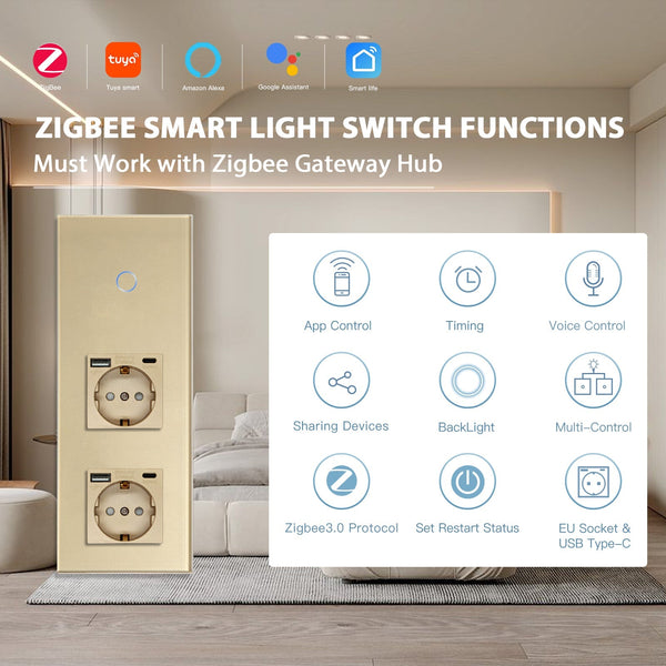 Bseed Zigbee 1/2/3 Gang Light Switches With Normal Double EU Sockets with USB-C Switch Bseedswitch 