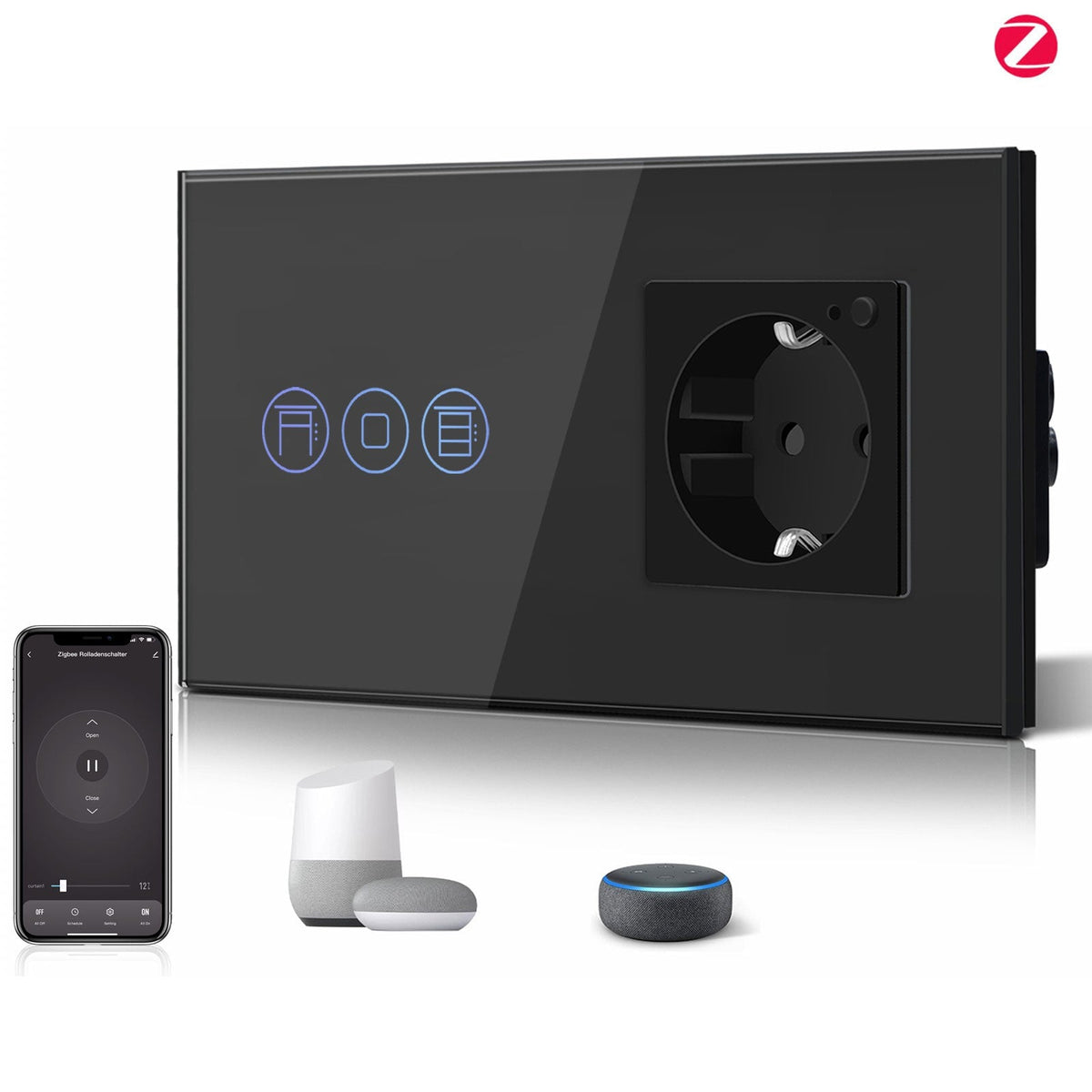 Bseed Zigbee Touch Roller Shutter Switch With Smart Socket 1/2/3 Gang 157mm Power Outlets & Sockets Bseedswitch Black 