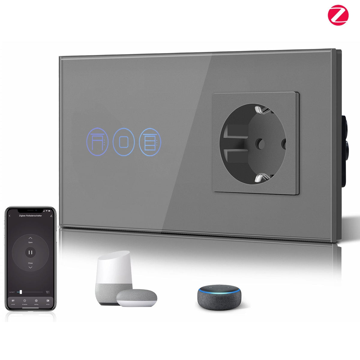 Bseed Zigbee Touch Roller Shutter Switch With Smart Socket 1/2/3 Gang 157mm Power Outlets & Sockets Bseedswitch Grey 
