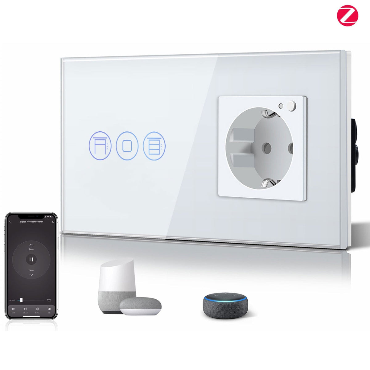 Bseed Zigbee Touch Roller Shutter Switch With Smart Socket 1/2/3 Gang 157mm Power Outlets & Sockets Bseedswitch White 