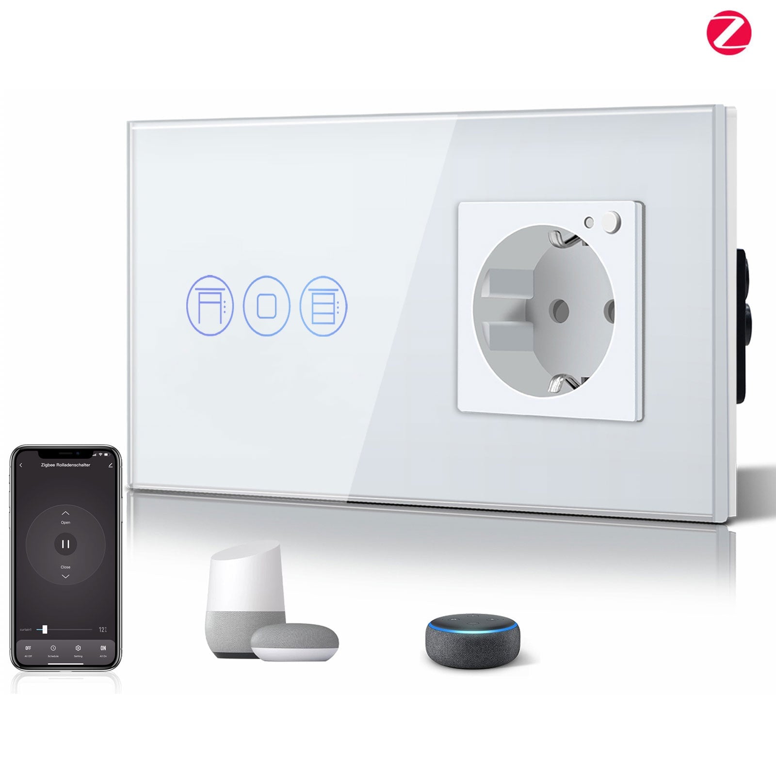 Bseed Zigbee Touch Roller Shutter Switch With Smart Socket 1/2/3 Gang 157mm Power Outlets & Sockets Bseedswitch White 