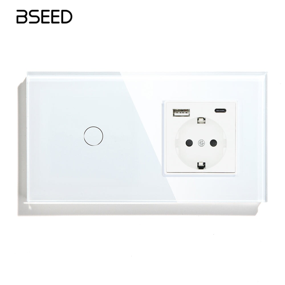 BSEED 1/2/3 Gnag 1/2/3 Way Light Switch With EU Socket With Type-C Wall Socket Power Outlets & Sockets Bseedswitch 