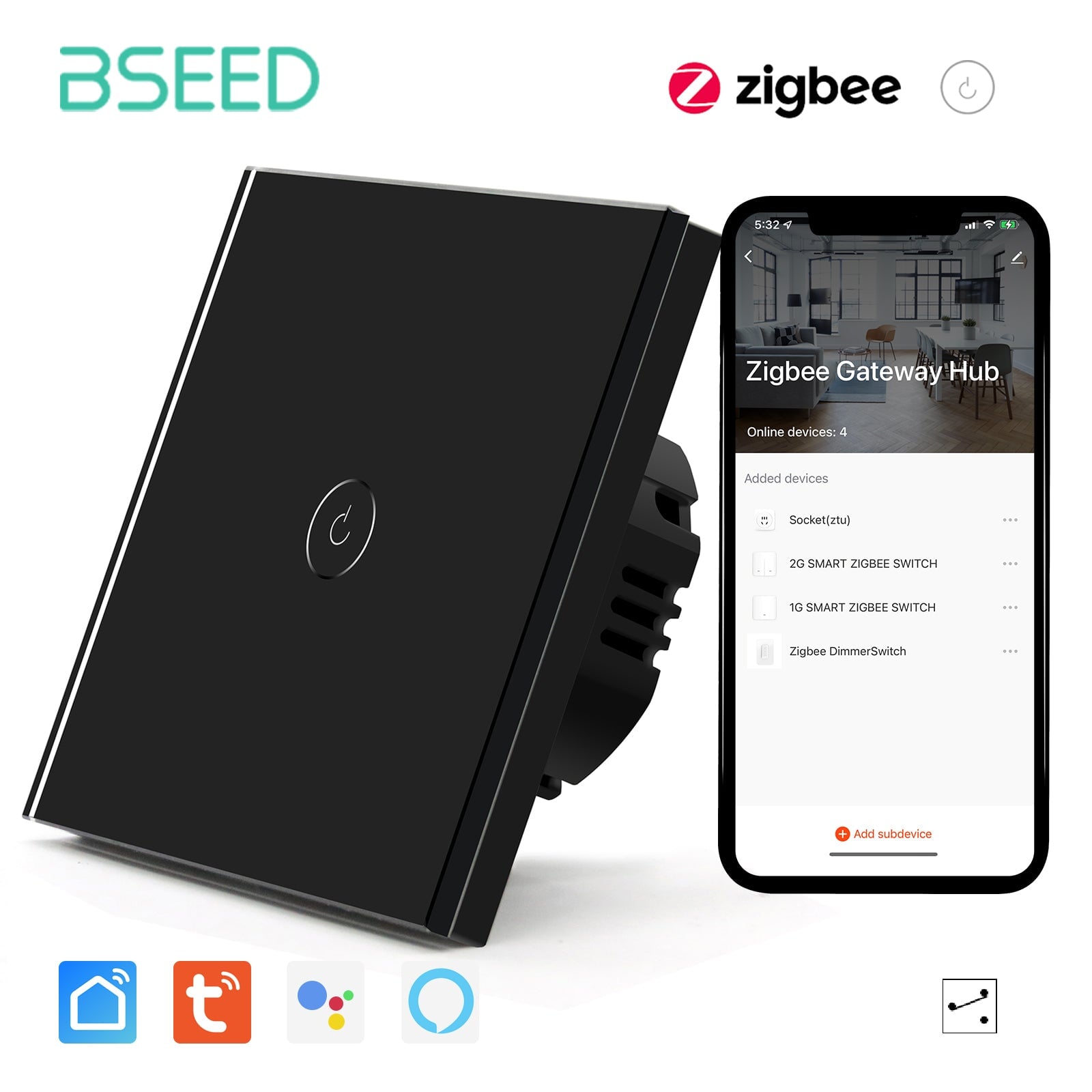 BSEED Zigbee 1/2/3/4 Gang 1/2/3 Way Switch Wall Smart Light Switch For ...