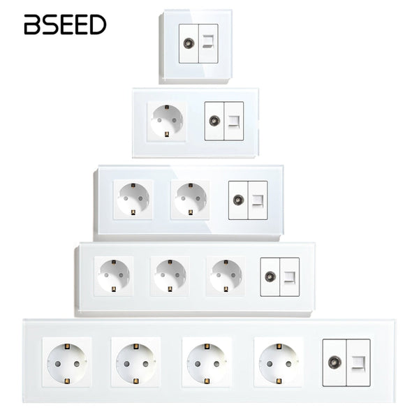 BSEED EU Standard Wall Socket With TV PC Socket Crystal Glass Panel Power Outlets & Sockets Bseedswitch 