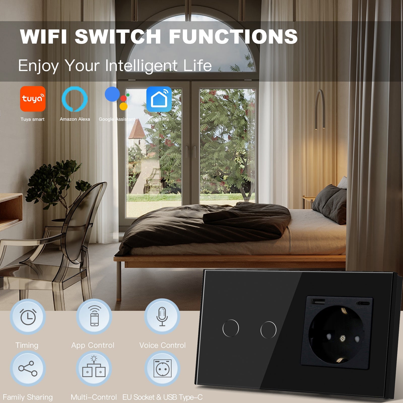 BSEED Smart Touch Switches 1/2/3 Gang Wifi Light Switch Plus EU Wall U