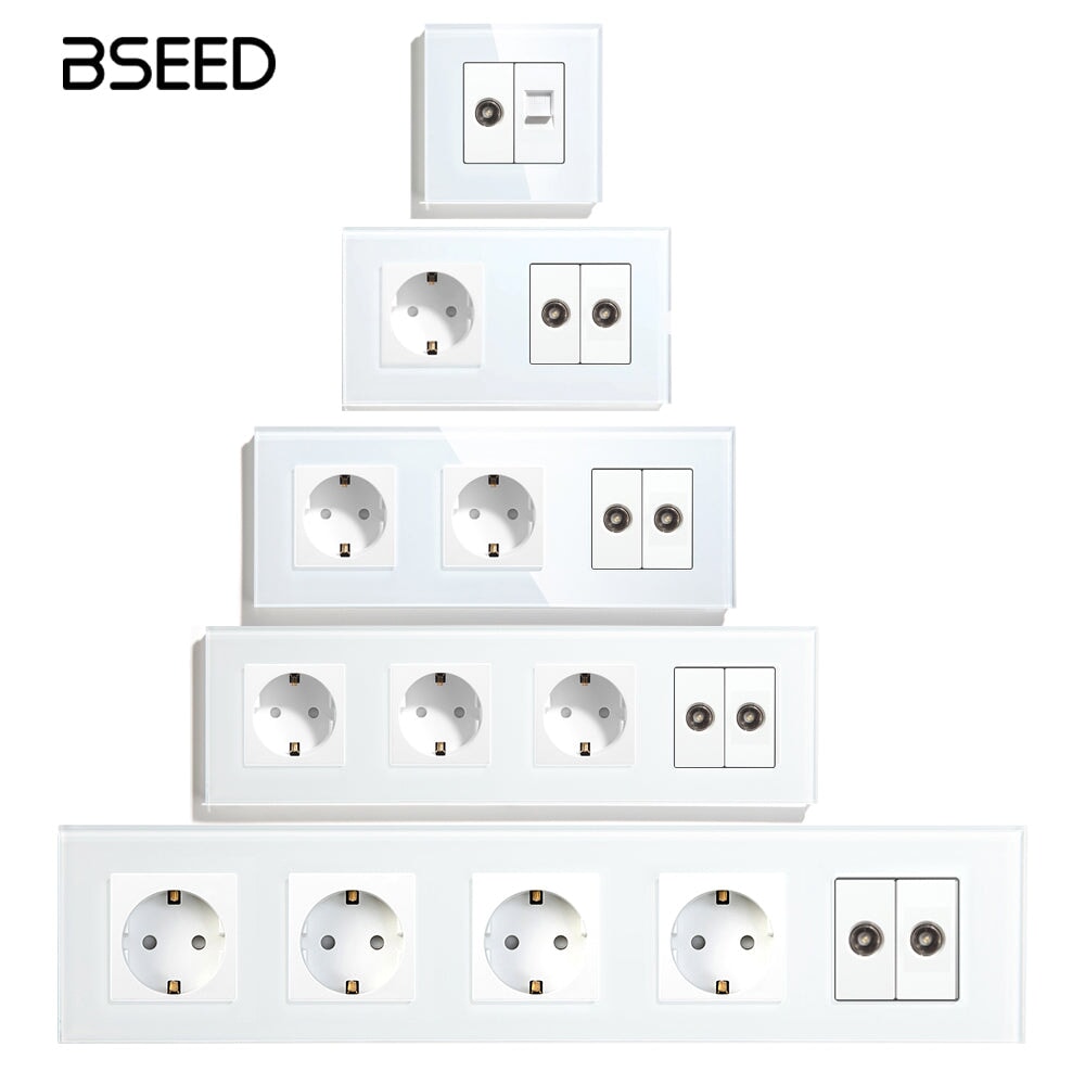 BSEED EU Standard Wall Socket With Double TV Socket Crystal Glass Panel Power Outlets & Sockets Bseedswitch 