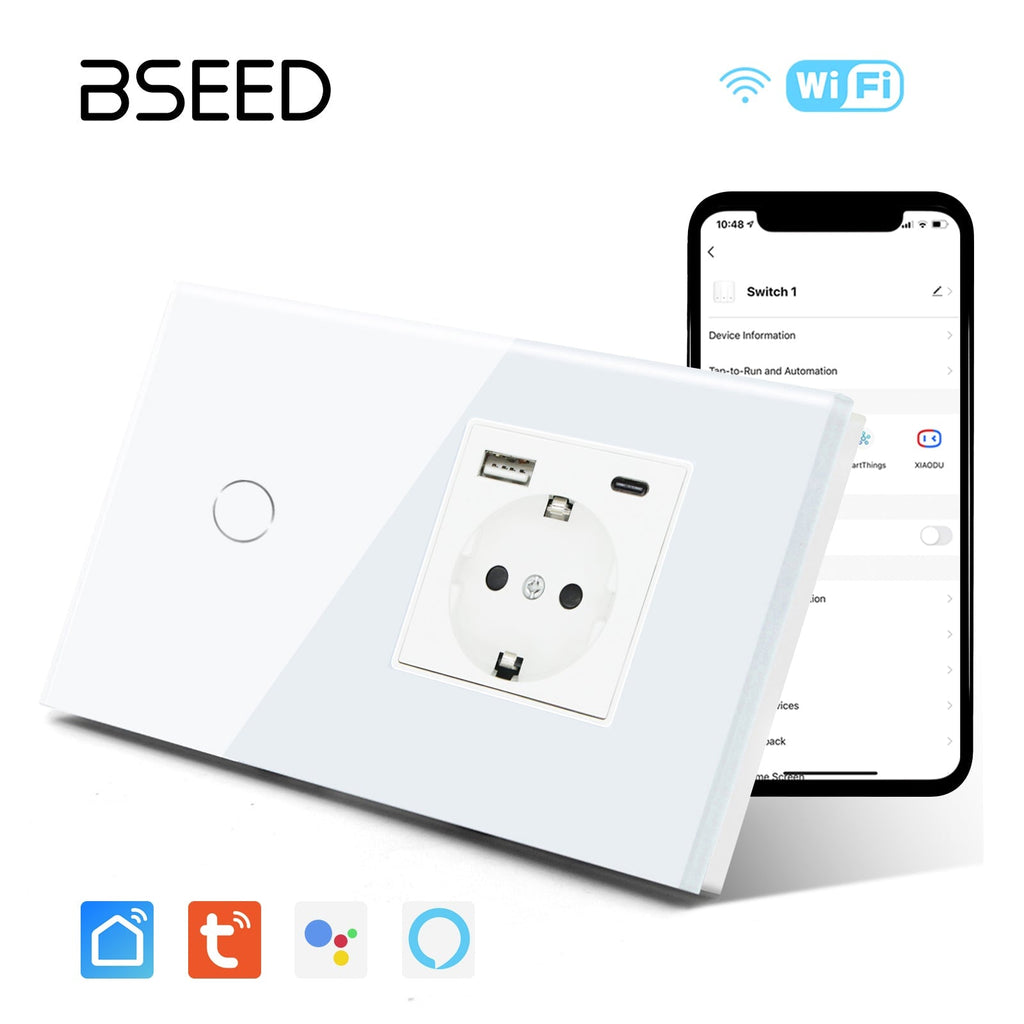 BSEED Smart Touch Switches 1/2/3Gang Wifi Light Switch Plus EU Wall USB Socket Type-c Smart Life Google Alexa App Control Light Switches Bseedswitch 
