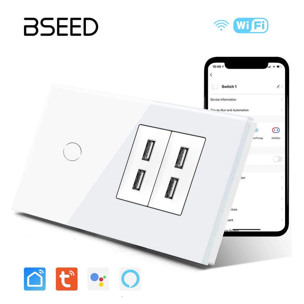 BSEED WiFi 1/2/3 Gnag 1/2/3 Way Light Switch With 4 USB Wall Socket Power Outlets & Sockets Bseedswitch 