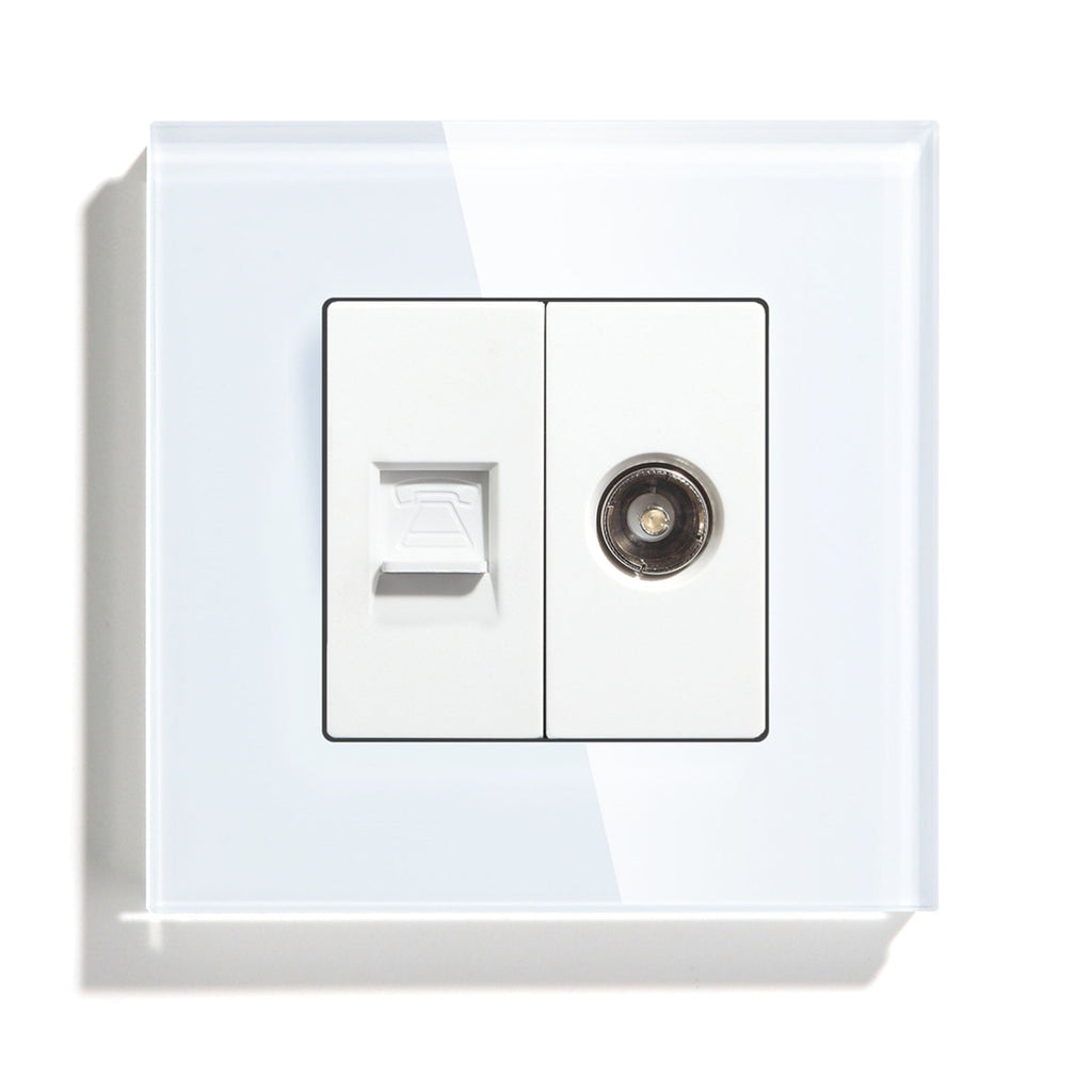 Bseed TEL +TV Socket Tempered Crystal Panel 86mm Power Outlets & Sockets Bseedswitch White 