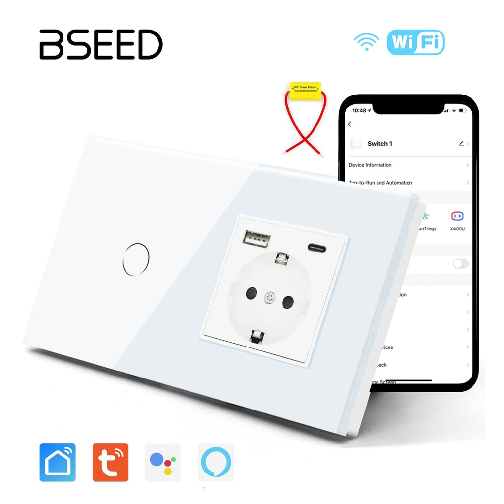BSEED Single Line Wifi Light Switch with Eu socket type-c Plug 2.1A 157mm Light Switches Bseedswitch 