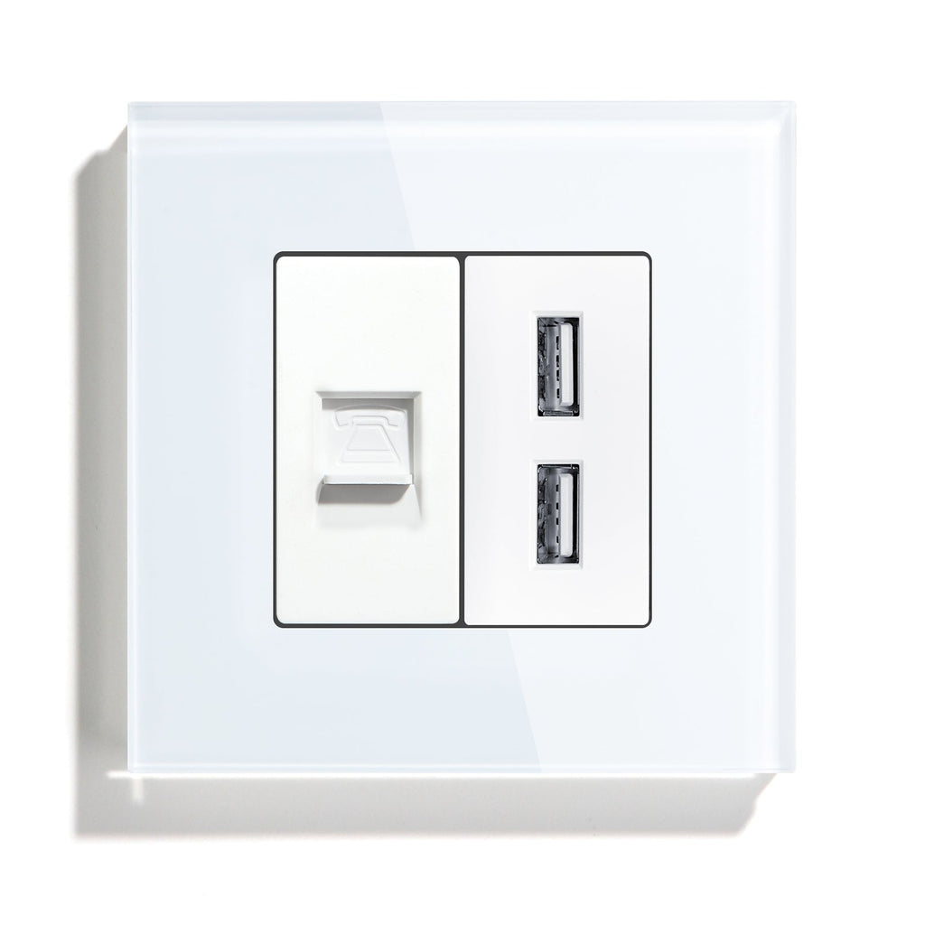 Bseed Double Internet Wall Sockets TEL +USB Socket Tempered Crystal Panel 86mm Power Outlets & Sockets Bseedswitch White 