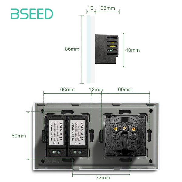 BSEED EU Standard Socket With Double USB Charger 5V 3.1A Power Wall Socket Crystal Glass Panel 100V-240V Power Outlets & Sockets Bseedswitch 