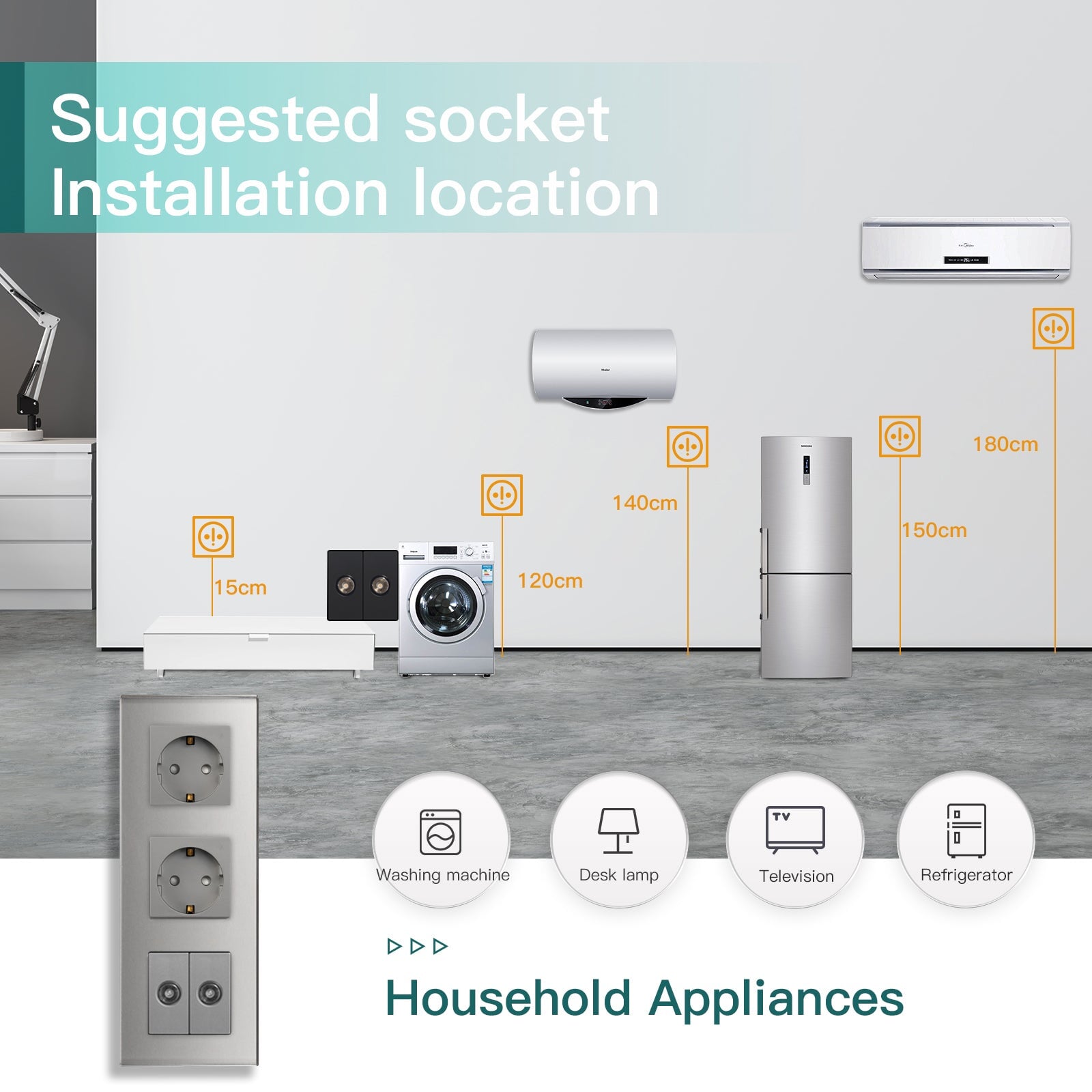 BSEED EU Standard Wall Socket With Double TV Socket Crystal Glass Pane ...